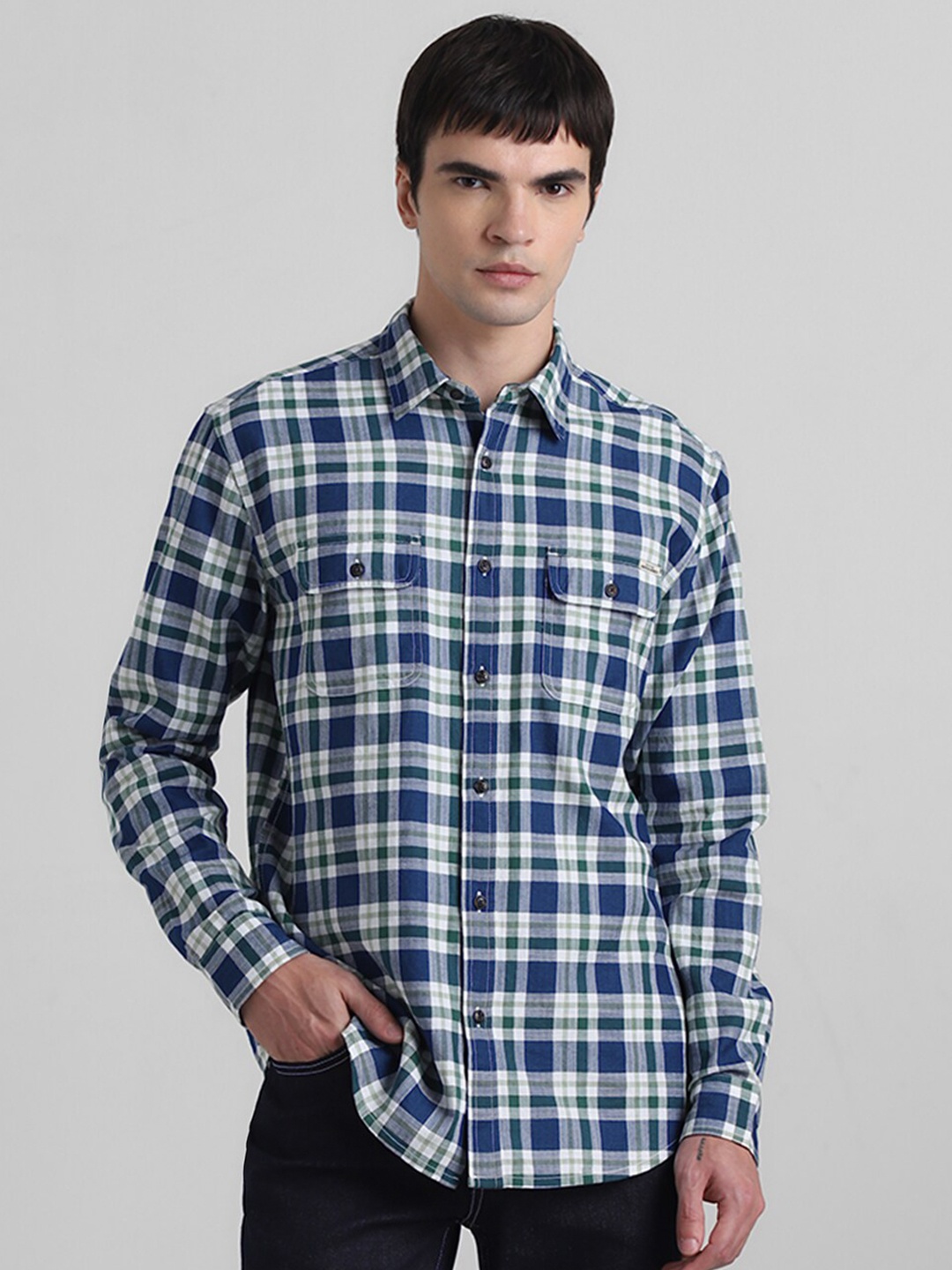 

Jack & Jones Tartan Checks Spread Collar Long Sleeves Cotton Shacket, Blue