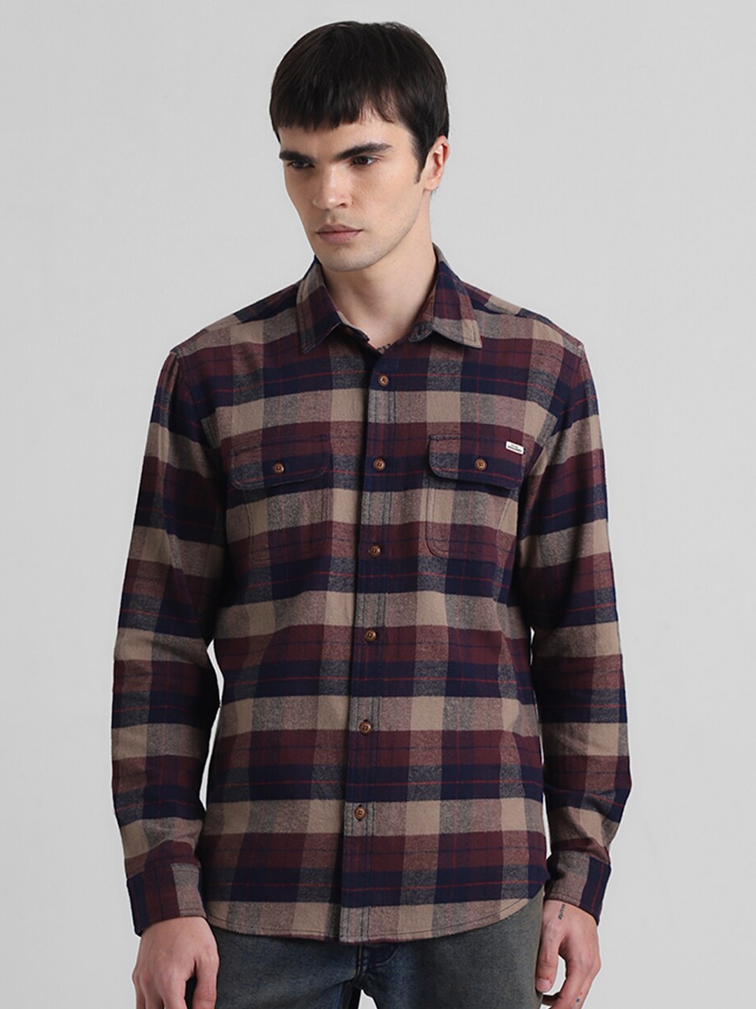 Jack & Jones Buffalo Checks Spread Collar Long Sleeves Cotton Shacket, Brown
