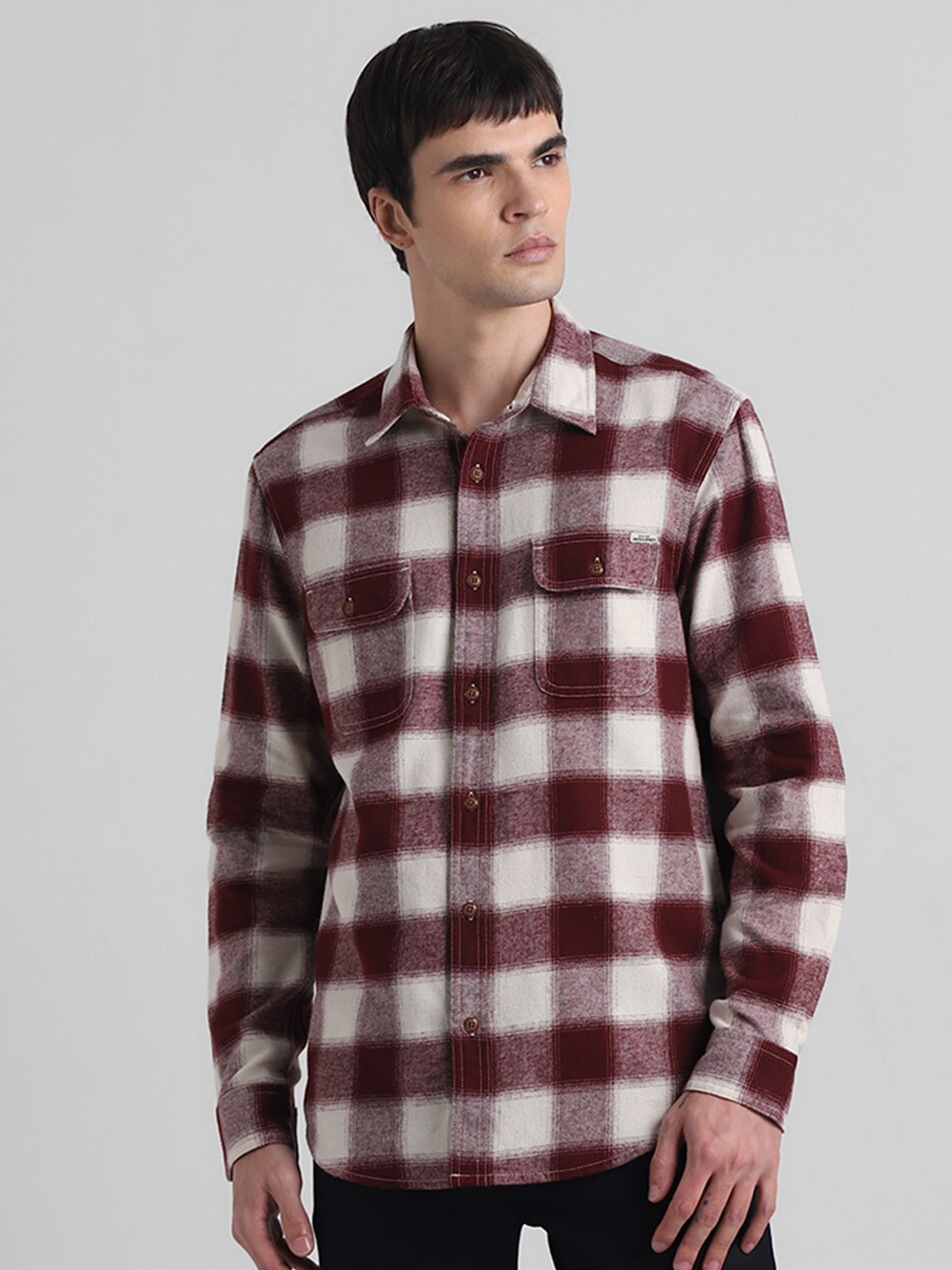 

Jack & Jones Buffalo Checks Spread Collar Long Sleeves Cotton Shacket, Red