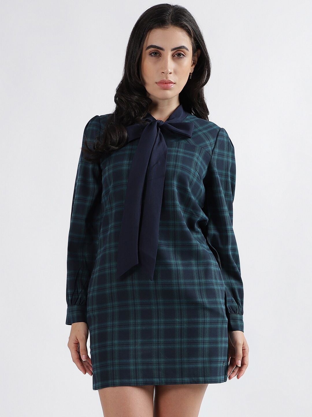 

Iconic Checked Tie Up Neck Puff Sleeves Mini Sheath Dress, Navy blue