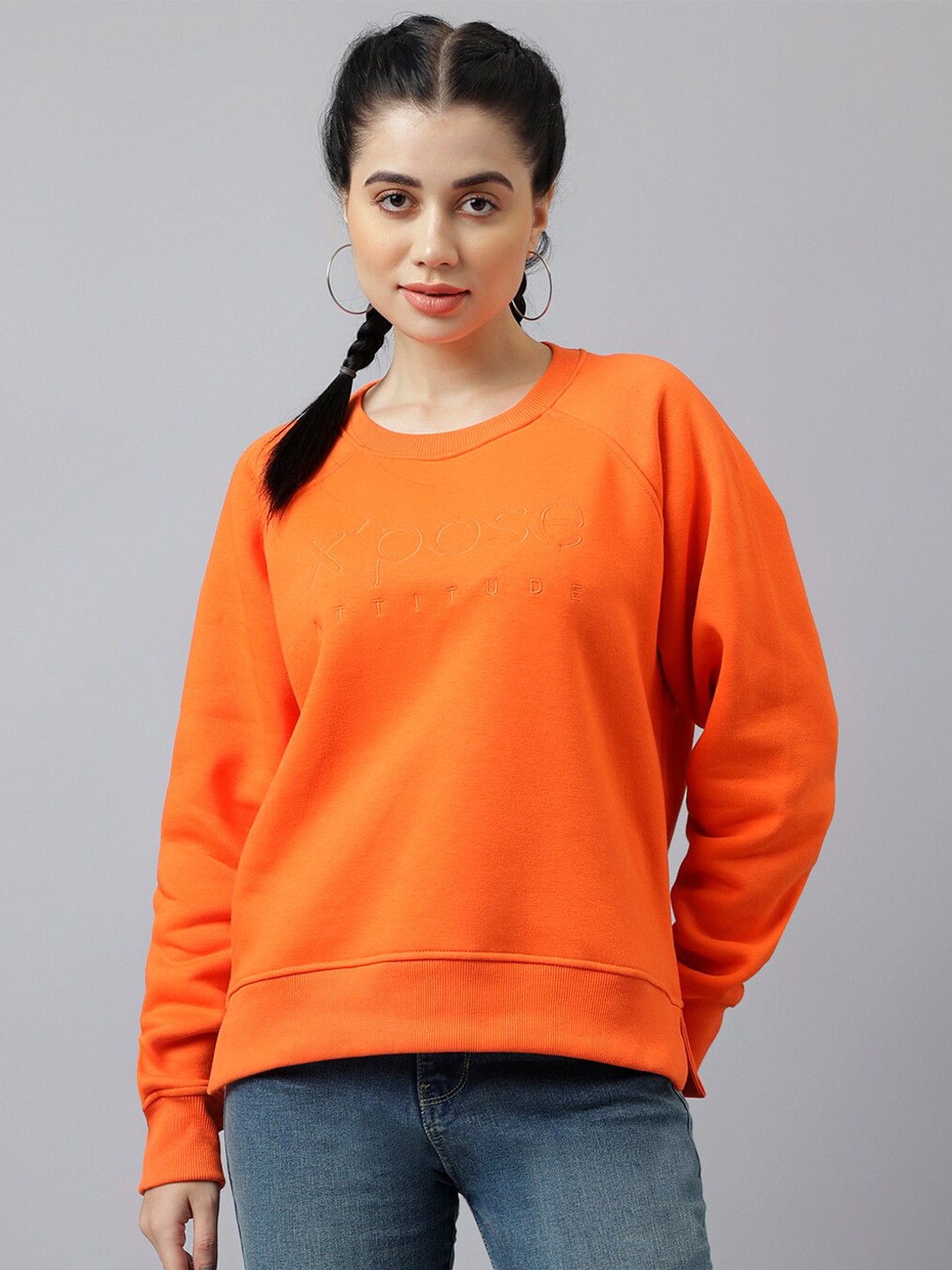 

Xpose Typography Embroidered Round Neck Long Sleeves Fleece Pullover Sweatshirt, Orange