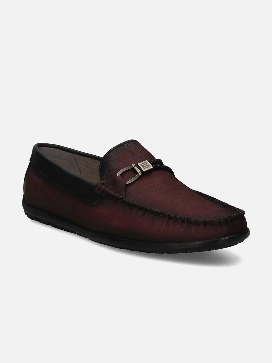 BAGATT Men Xline Textured Leather Horsebit Loafers, Burgundy