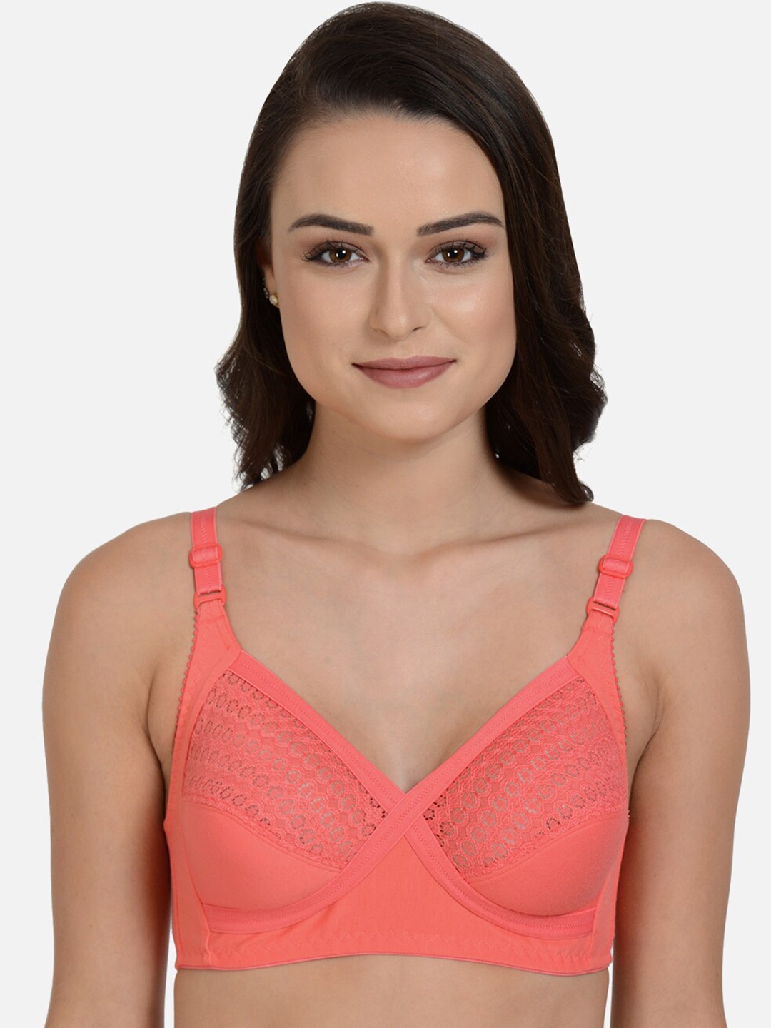 

mod & shy Medium Coverage Non Padded Lace Minimizer Bra With All Day Comfort, Coral