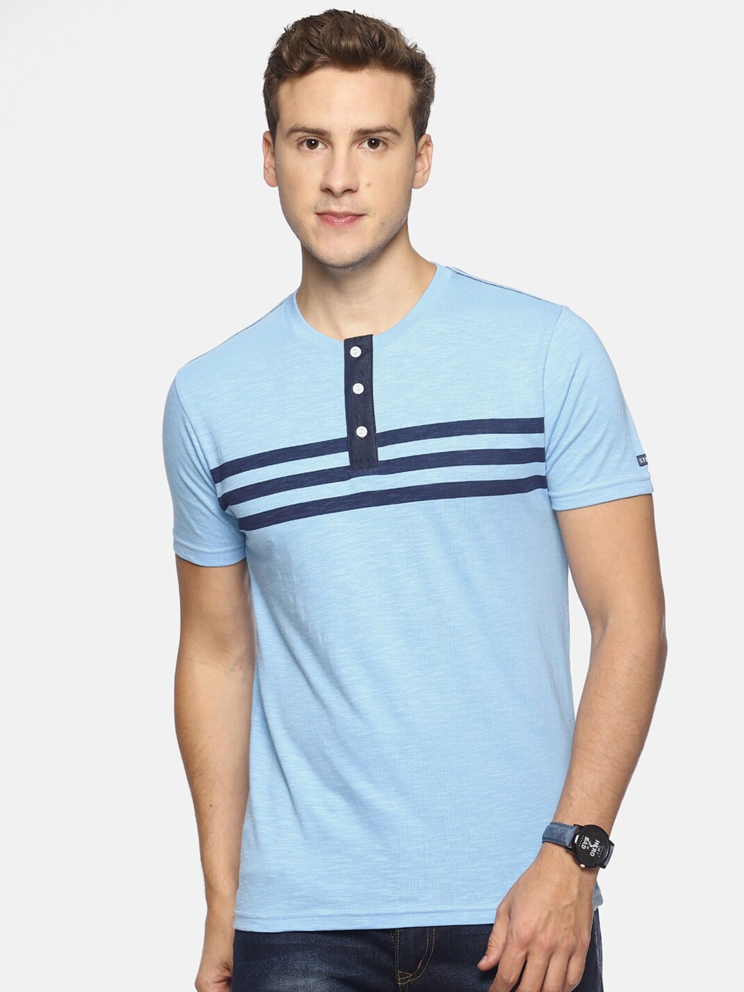 

Steenbok Striped Henley Neck Slim Fit Cotton T-shirt, Blue