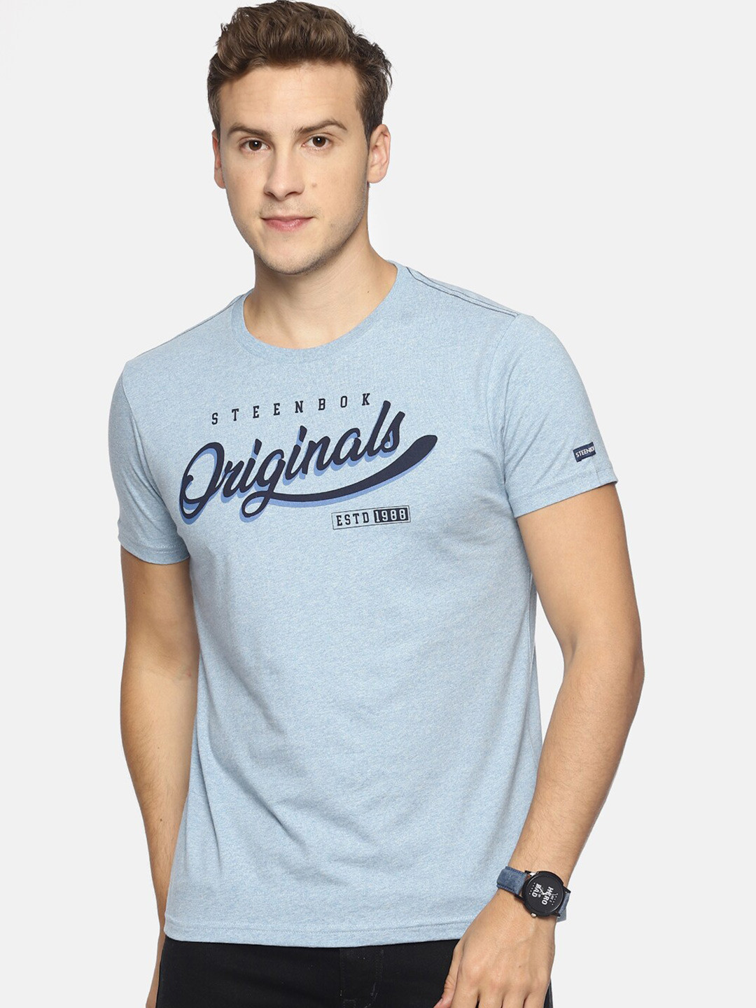 

Steenbok Typography Printed Round Neck Cotton T-shirt, Blue