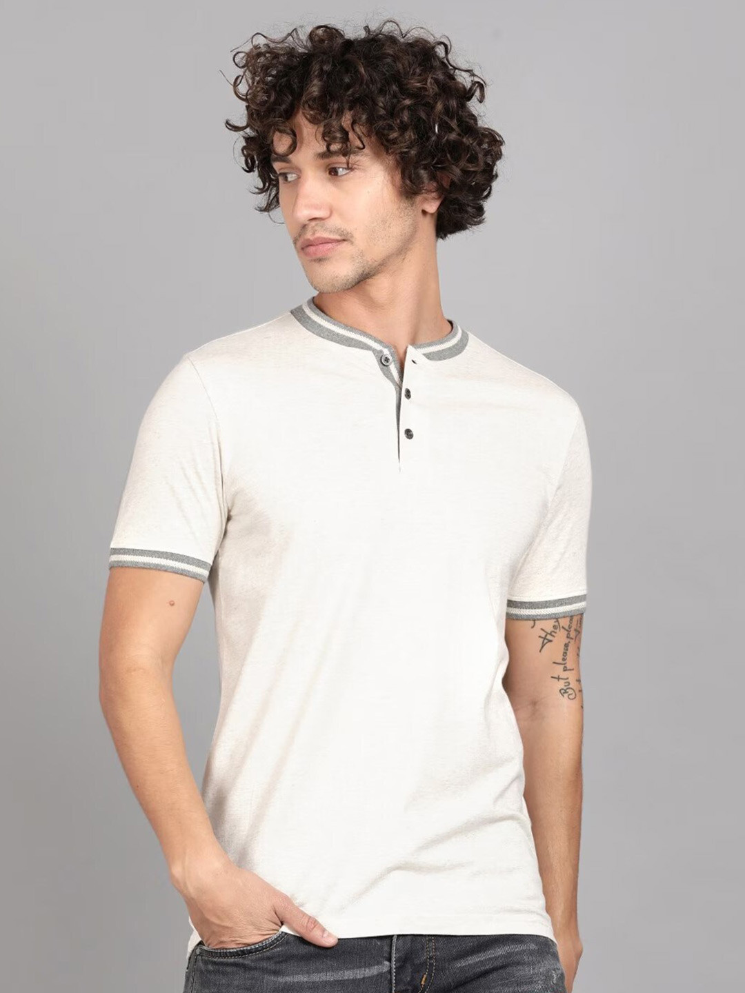 

Steenbok Henley Collar Contrast Pure Cotton T-shirt, Beige