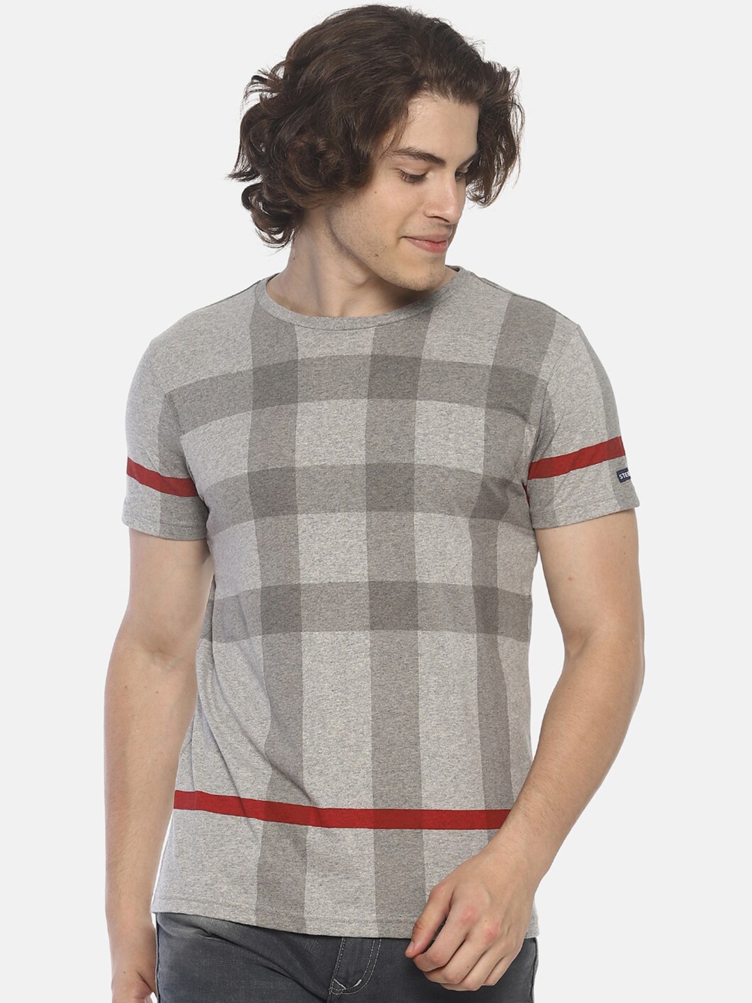 

Steenbok Round Neck Checked Slim Fit Pure Cotton T-shirt, Grey