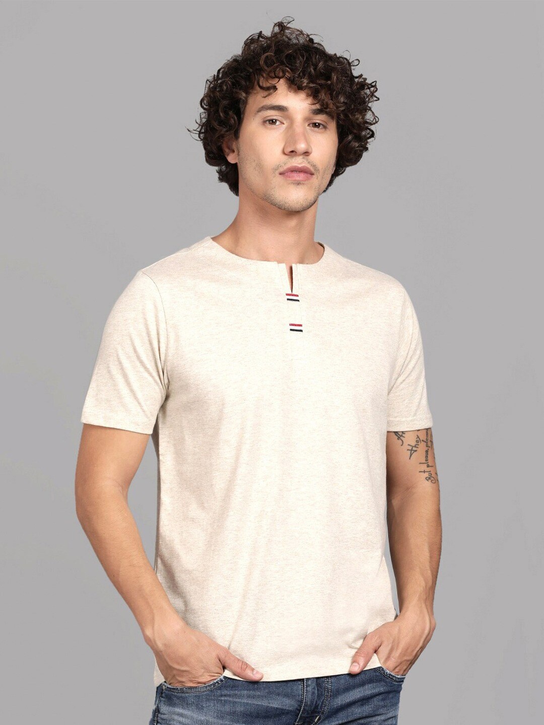 Steenbok Henley Neck Cotton Regular Fit T-shirt, Beige