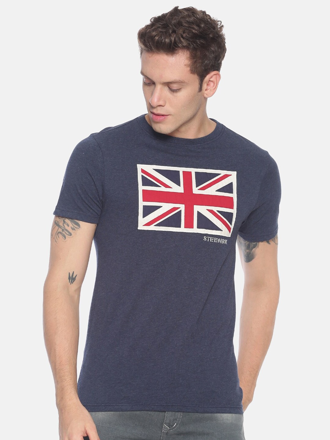 

Steenbok Graphic Printed Round Neck Cotton Regular Fit T-shirt, Navy blue