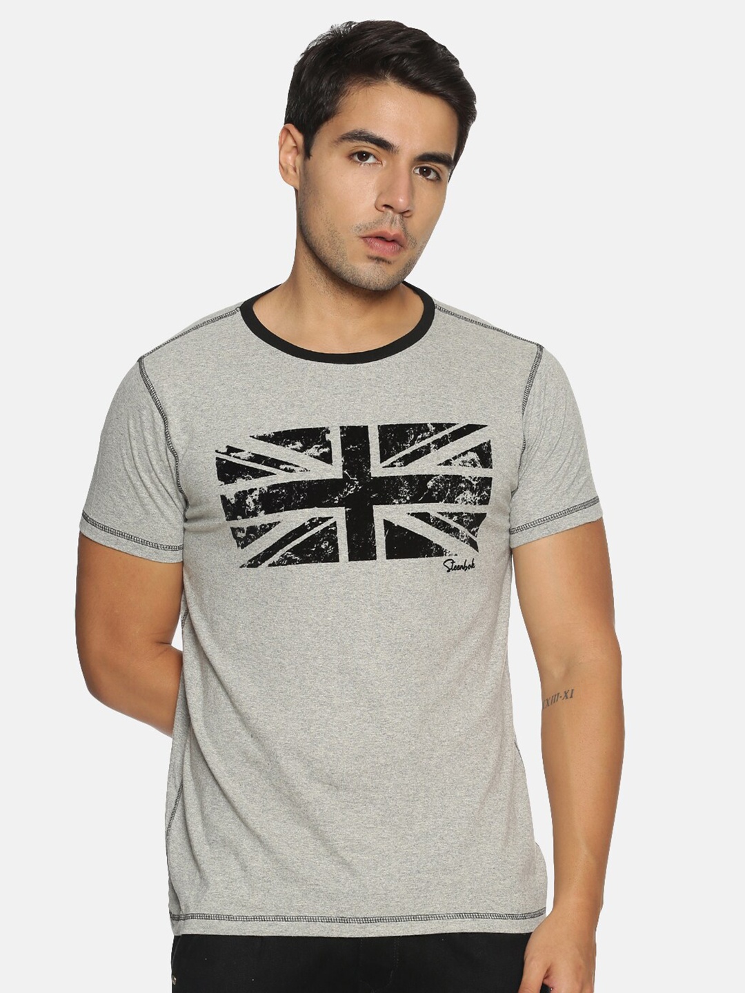 

Steenbok Graphic Printed Round Neck Pure Cotton T-shirt, Grey melange