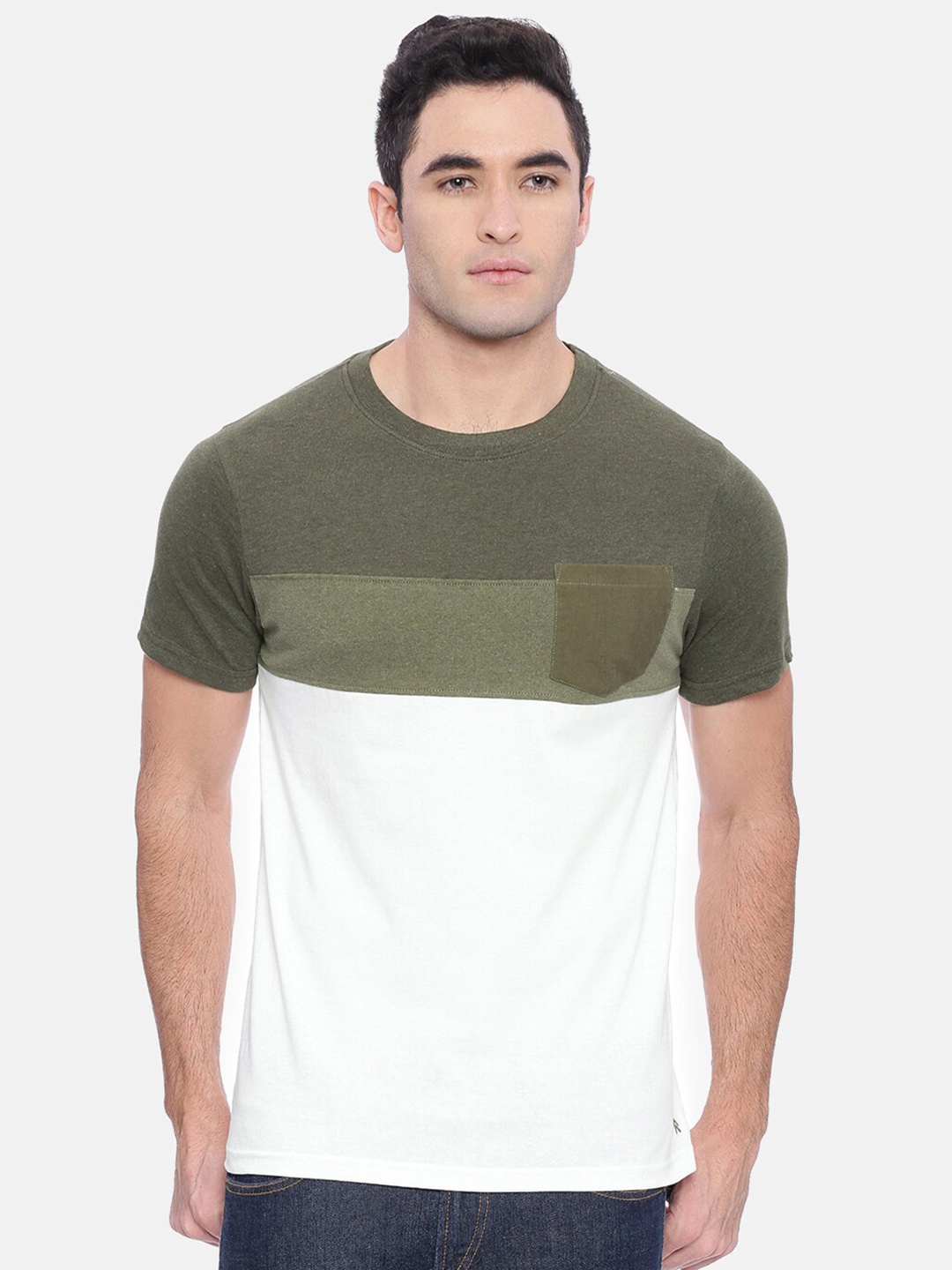 

Steenbok Colourblocked Round Neck Cotton T-shirt, Olive