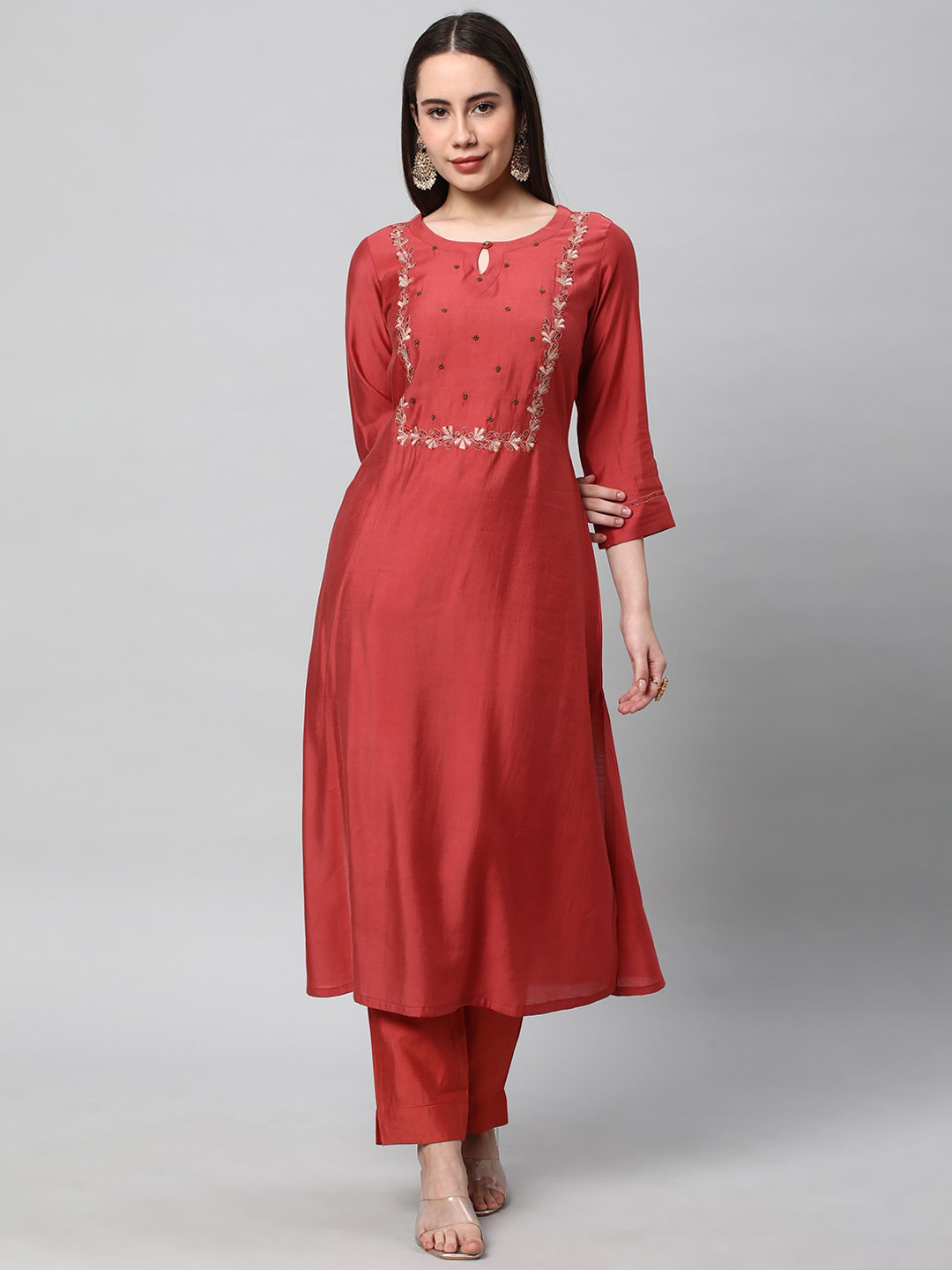 

KAMI KUBI Floral Embroidered Keyhole Neck A-line Kurta, Rust
