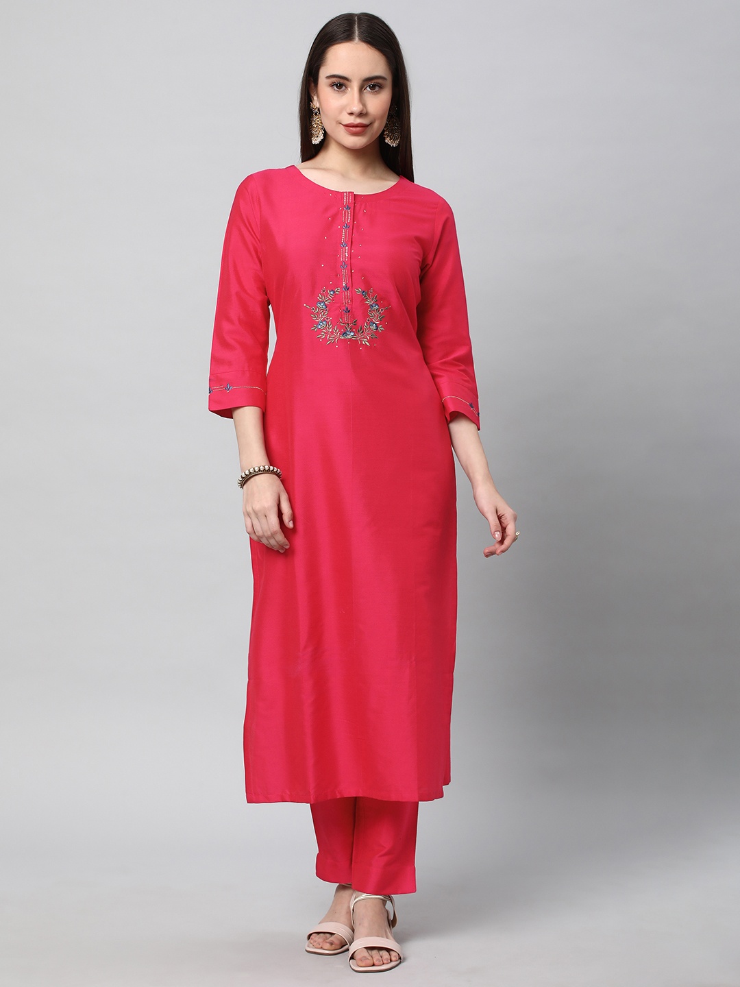 

KAMI KUBI Floral Yoke Design Straight Kurta, Pink