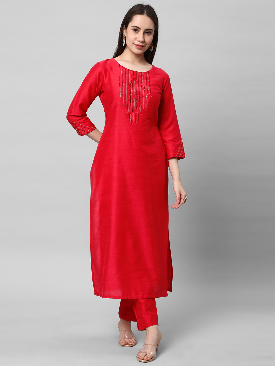 

KAMI KUBI Ethnic Motifs Yoke Design Thread Work Straight Kurta, Pink