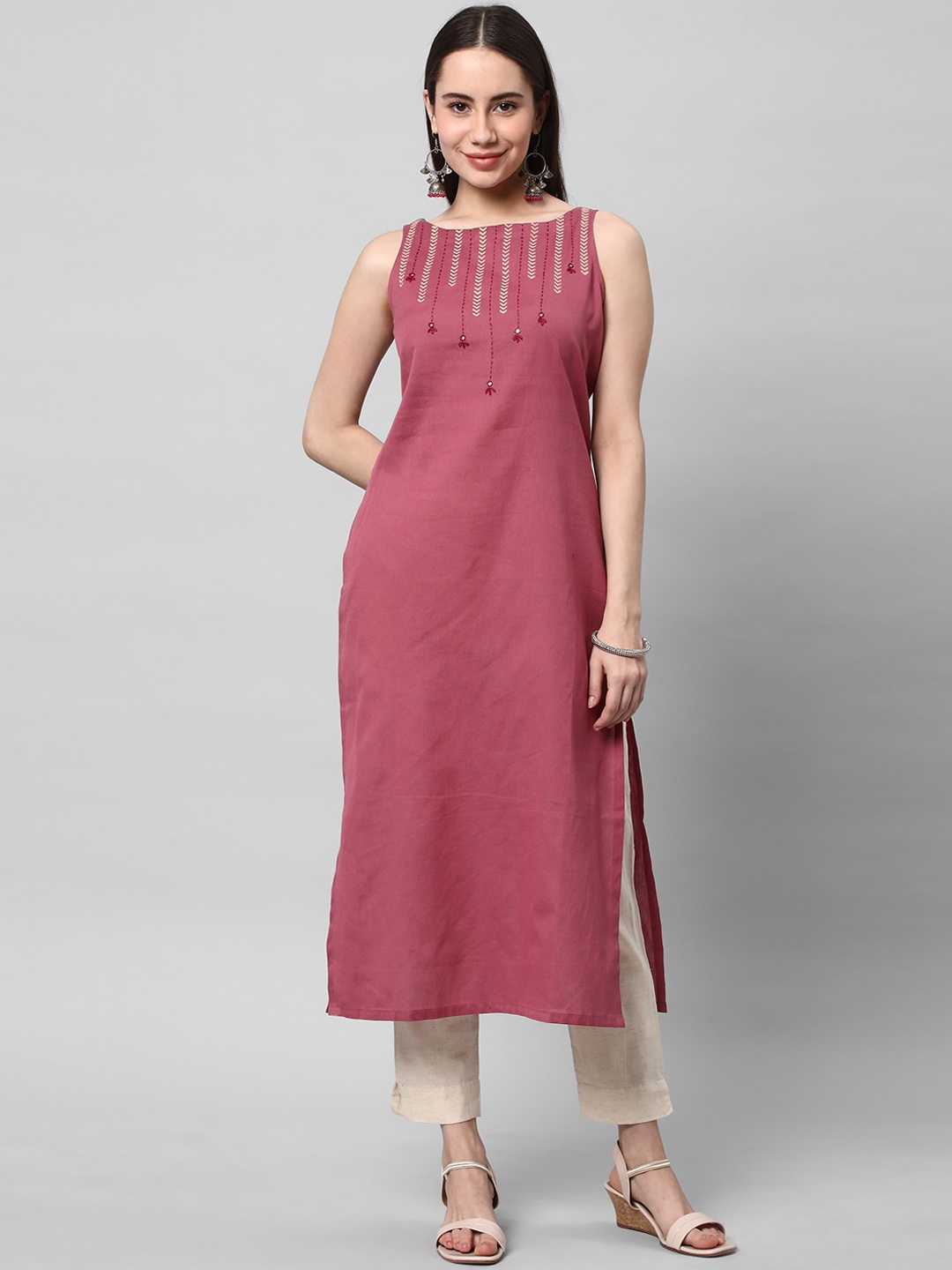 

KAMI KUBI Quirky Printed Thread Work Pure Cotton A-Line Kurta, Pink