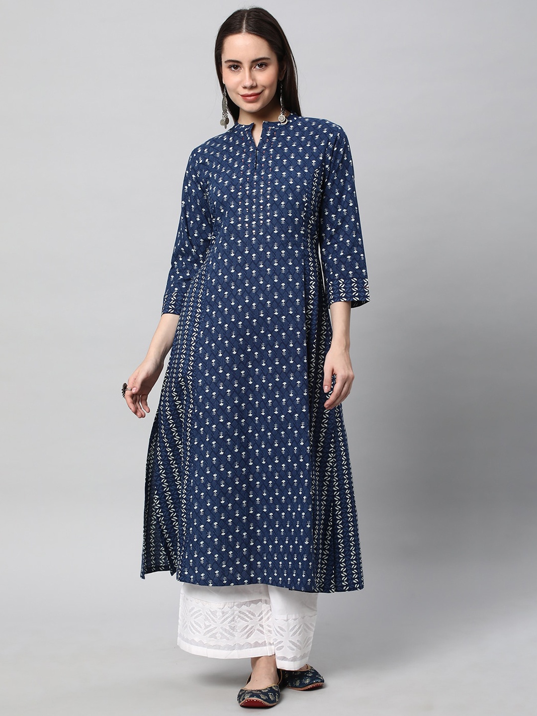 

KAMI KUBI Ethnic Motifs Printed Mandarin Collar Pure Cotton Anarkali Kurta, Blue