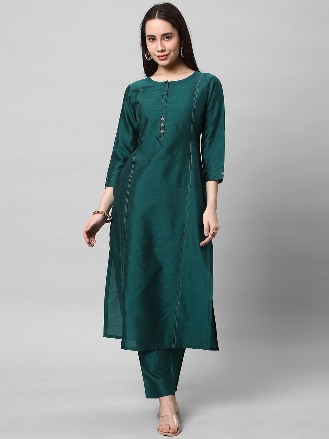 

KAMI KUBI Yoke Design Beads and Stones Straight Kurta, Teal