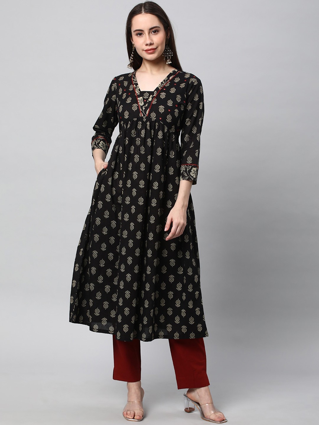 

KAMI KUBI Ethnic Motifs Printed Pure Cotton Anarkali Kurta, Black