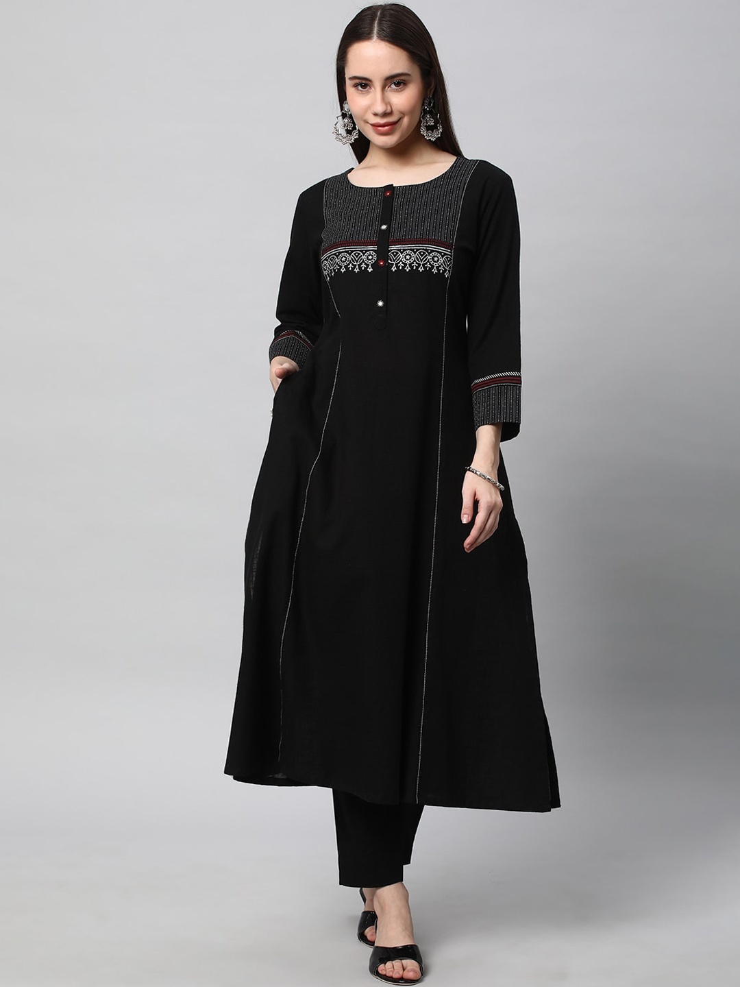 

KAMI KUBI Yoke Design Embroidered Pure Cotton Anarkali Kurta, Black