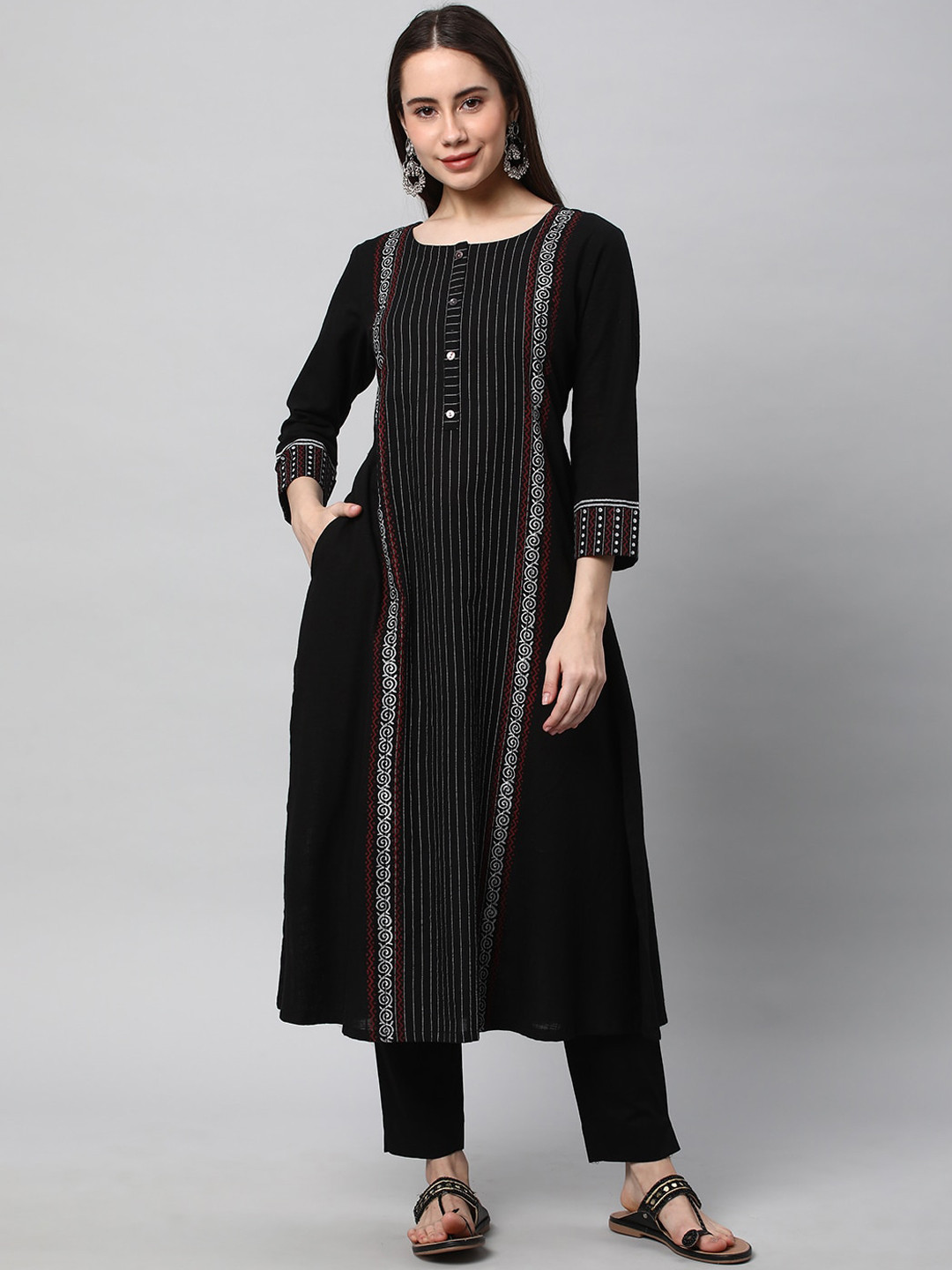 

KAMI KUBI Striped Cotton Panelled A-Line Kurta, Black