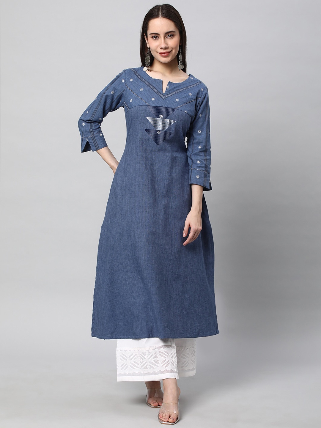 

KAMI KUBI Geometric Yoke Design Thread Work Pure Cotton A-Line Kurta, Blue