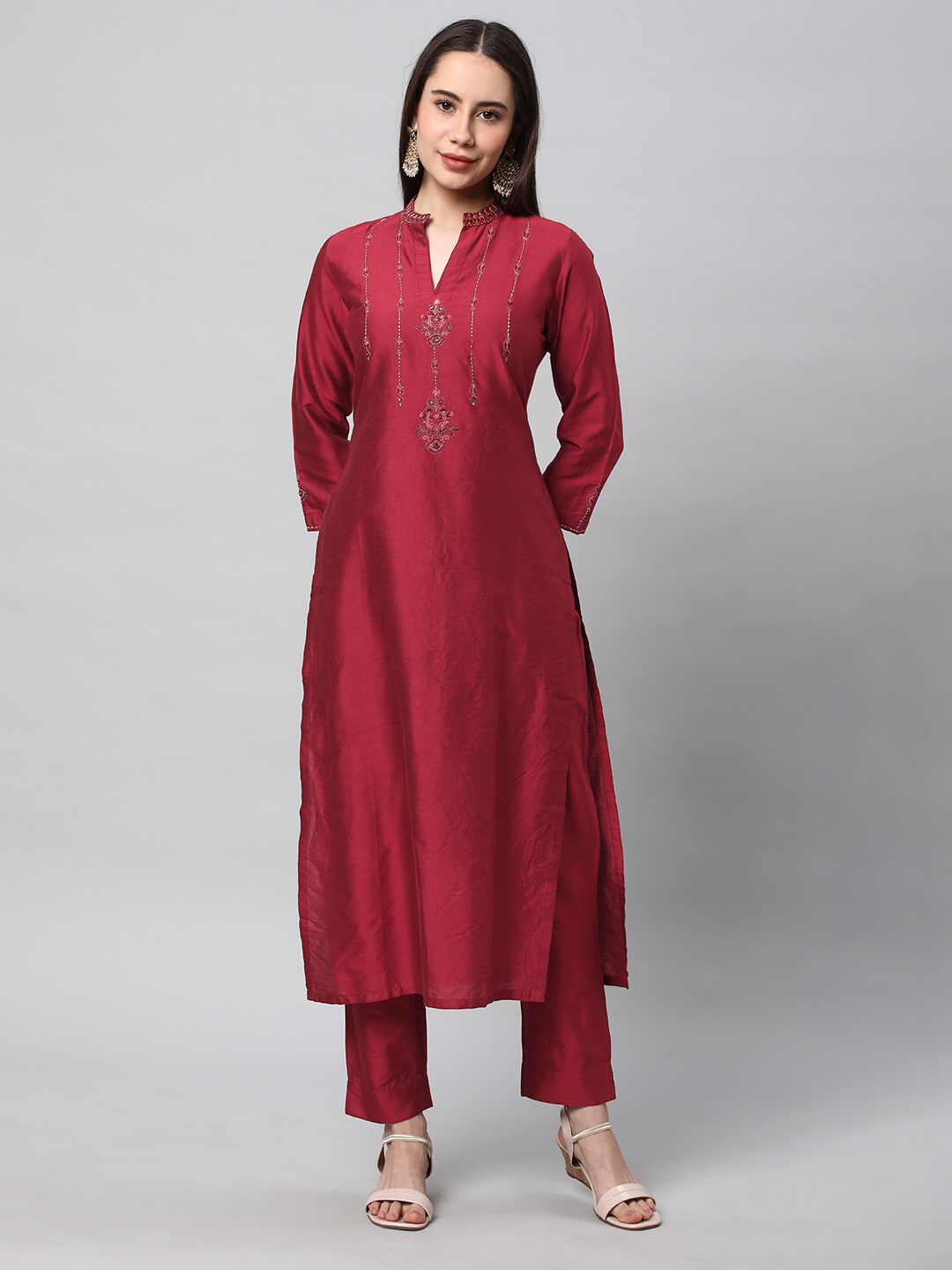 

KAMI KUBI Floral Embroidered Mandarin Collar A-Line Kurta, Red