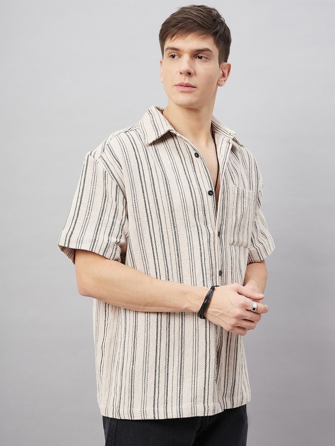 

CHIMPAAANZEE Vertical Stripes Oversized Casual Shirt, Beige