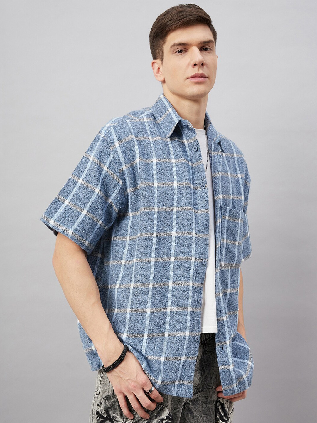 

CHIMPAAANZEE Oversized Windowpane Checked Spread Collar Casual Shirt, Blue