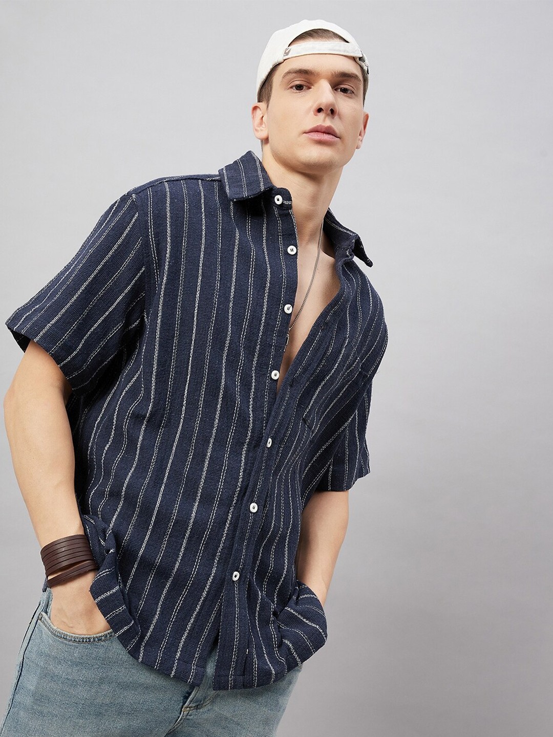 

CHIMPAAANZEE Vertical Stripes Oversized Casual Shirt, Navy blue