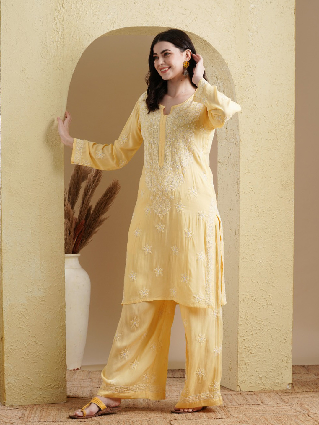 

ADA Ethnic Motifs Embroidered Lucknowi Chikankari Straight Kurta With Palazzo, Yellow