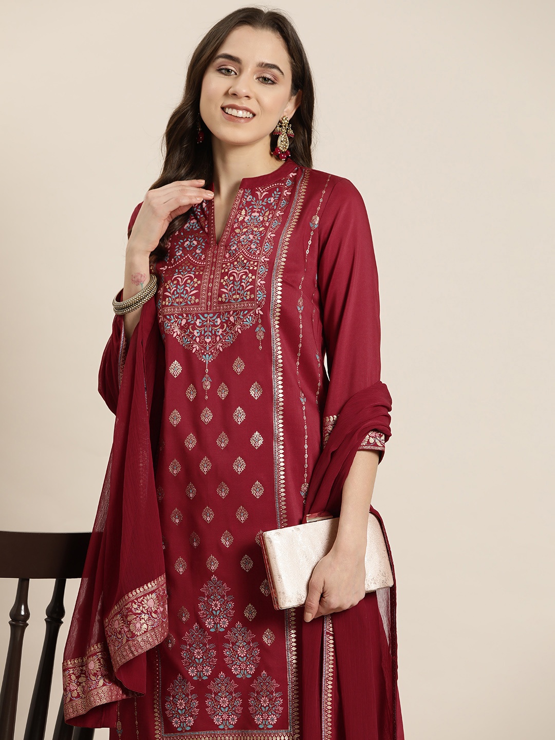 

HERE&NOW Women Floral Printed Regular Kurta with Palazzos & With Dupatta, Red