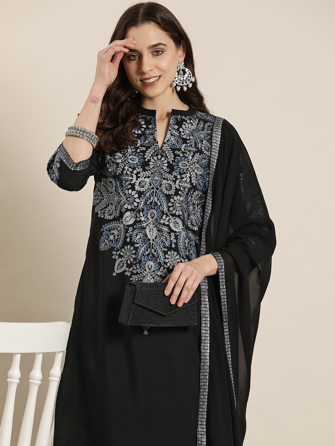 

HERE&NOW Women Floral Yoke Design Regular Kurta with Palazzos & Dupatta, Black
