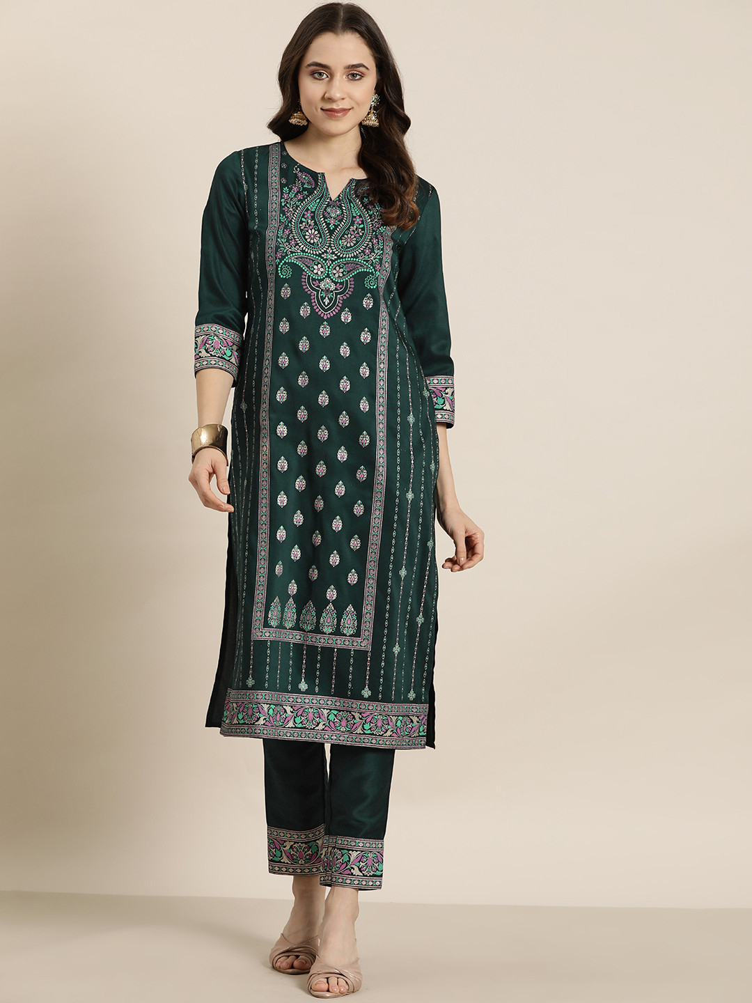 

HERE&NOW Women Floral Printed Regular Kurta with Trousers, Green