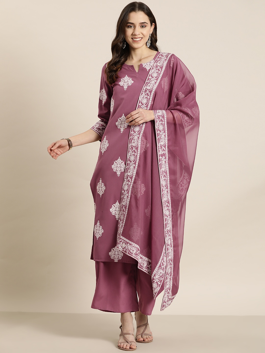 

HERE&NOW Women Ethnic Motifs Embroidered Regular Kurta with Palazzos & With Dupatta, Mauve