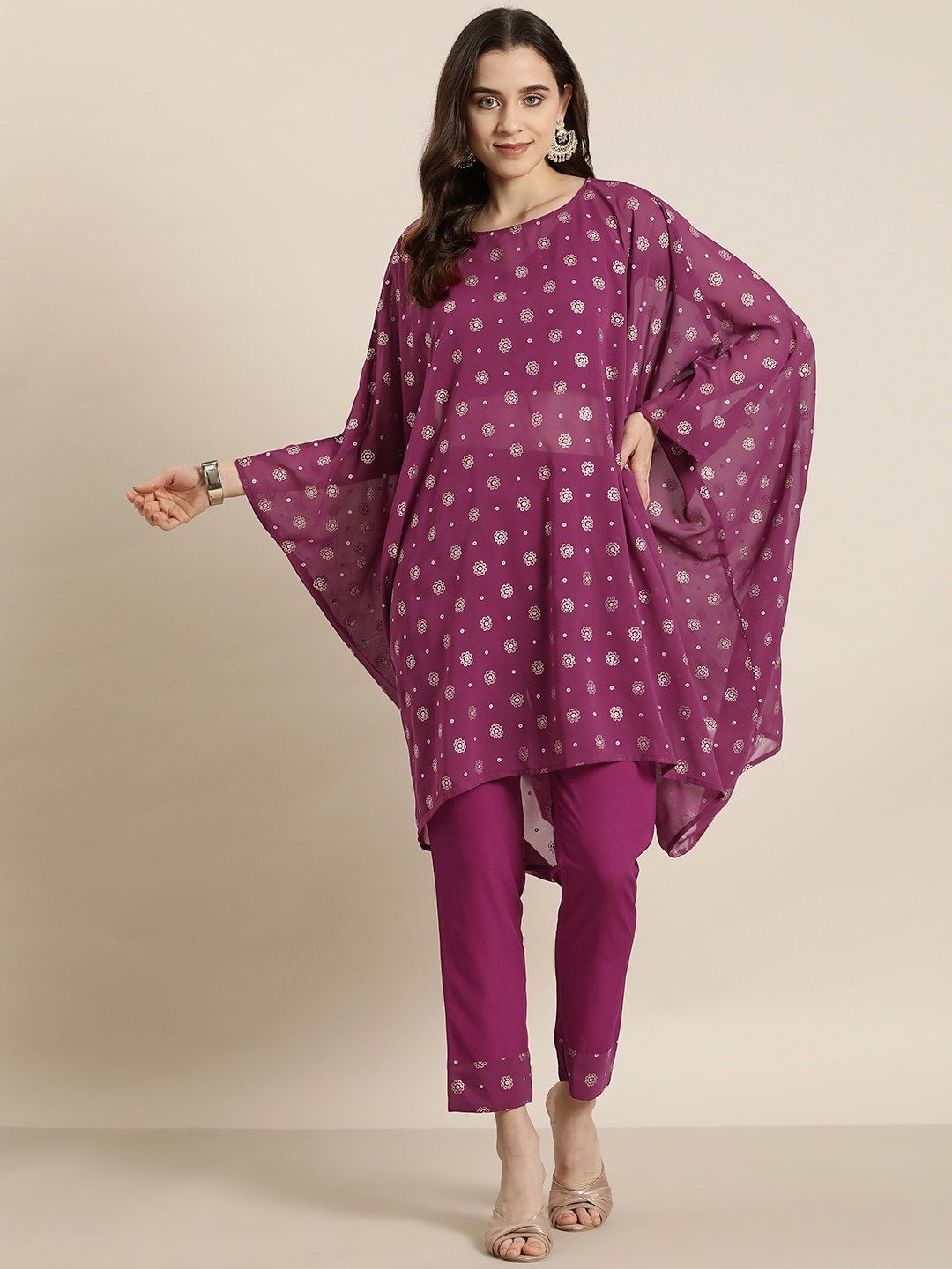 

HERE&NOW Women Ethnic Motifs Printed Regular Kurta with Trousers & Inner, Pink