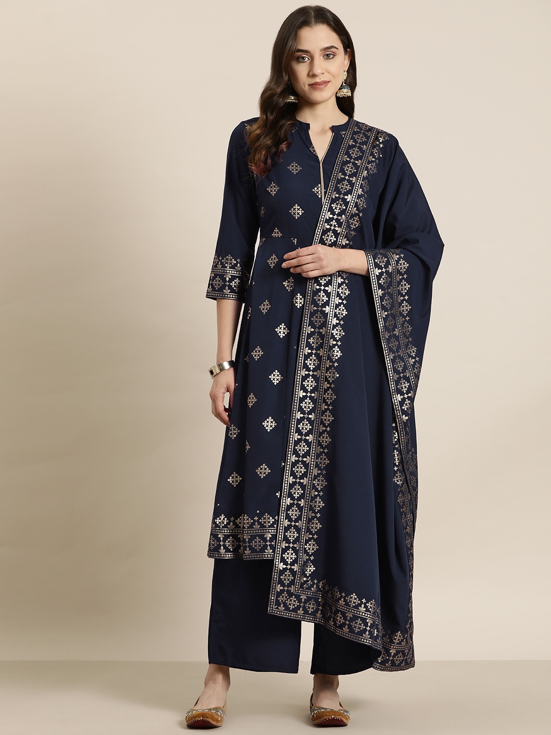 

HERE&NOW Women Ethnic Motifs Printed Regular Kurta with Palazzos & With Dupatta, Navy blue