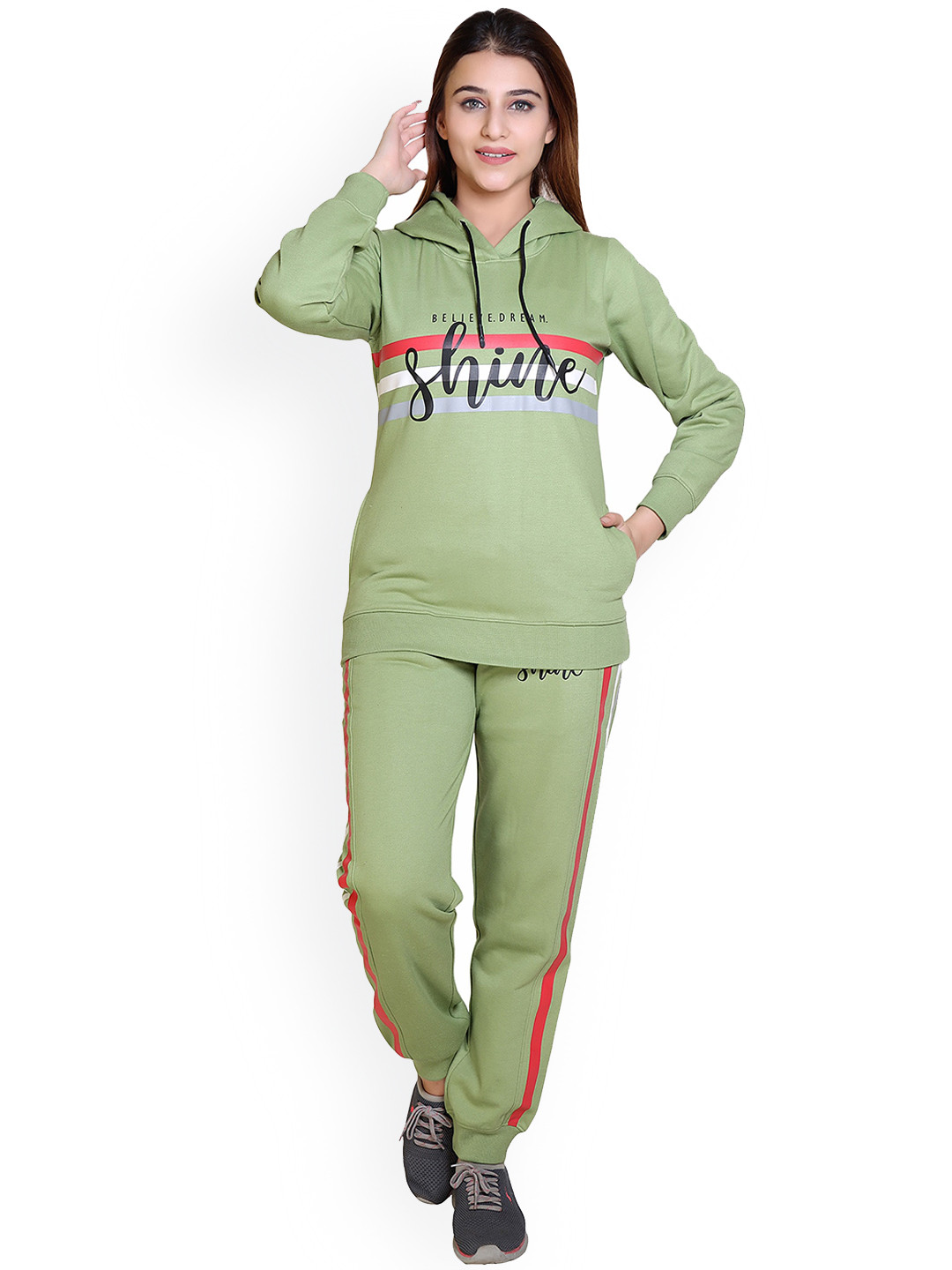 

WILD WEST Typography Printed Hood Cotton Tracksuit, Green