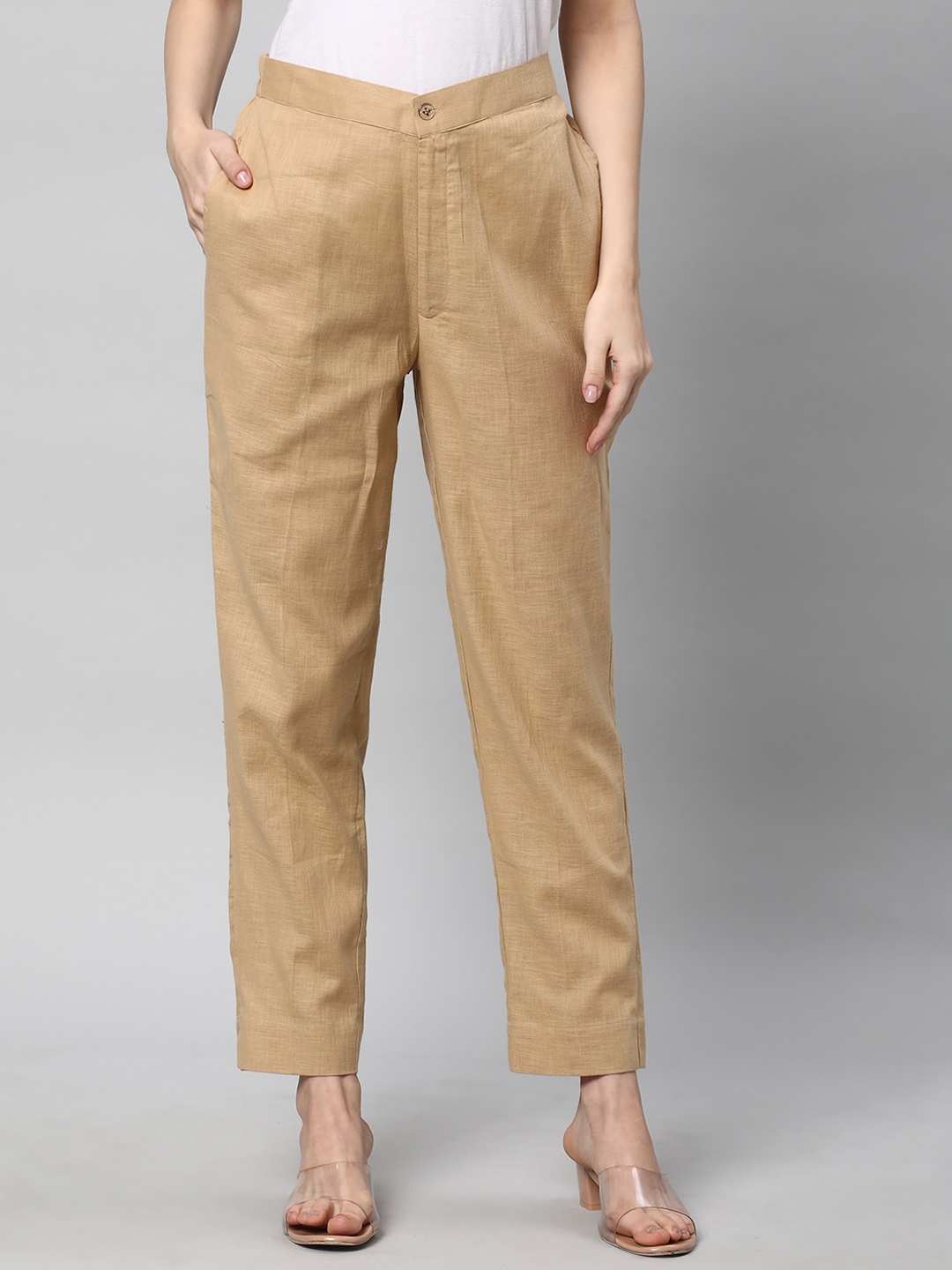 

KAMI KUBI Women Straight Fit Cotton Linen Ethnic Trousers, Beige