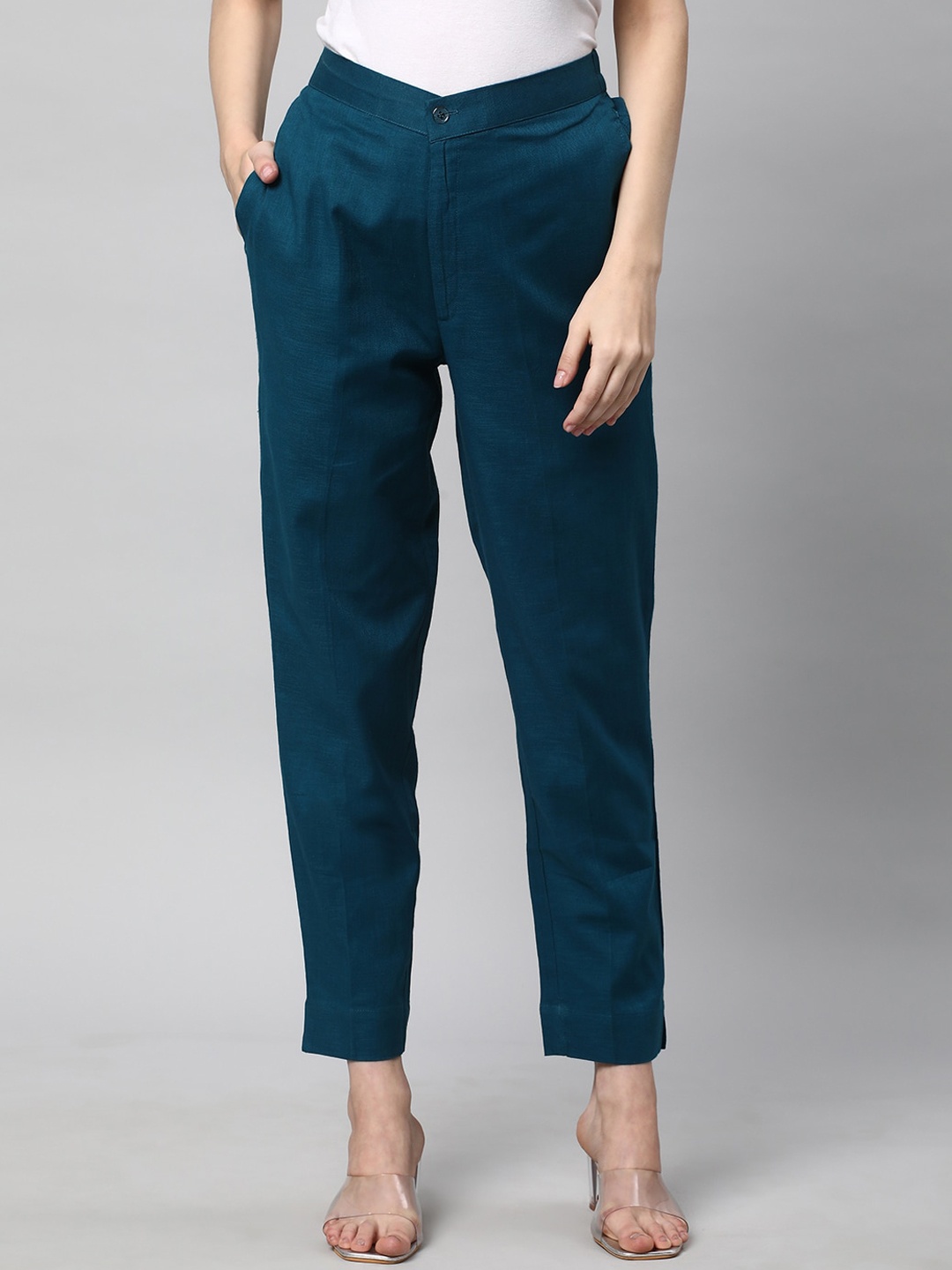 

KAMI KUBI Women Straight Fit Pure Cotton Trousers, Teal