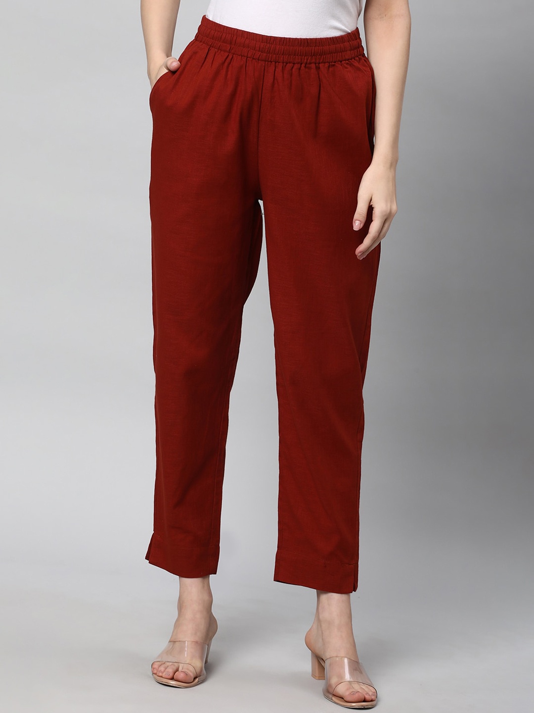 

KAMI KUBI Women Straight Fit Cotton Linen Trousers, Maroon