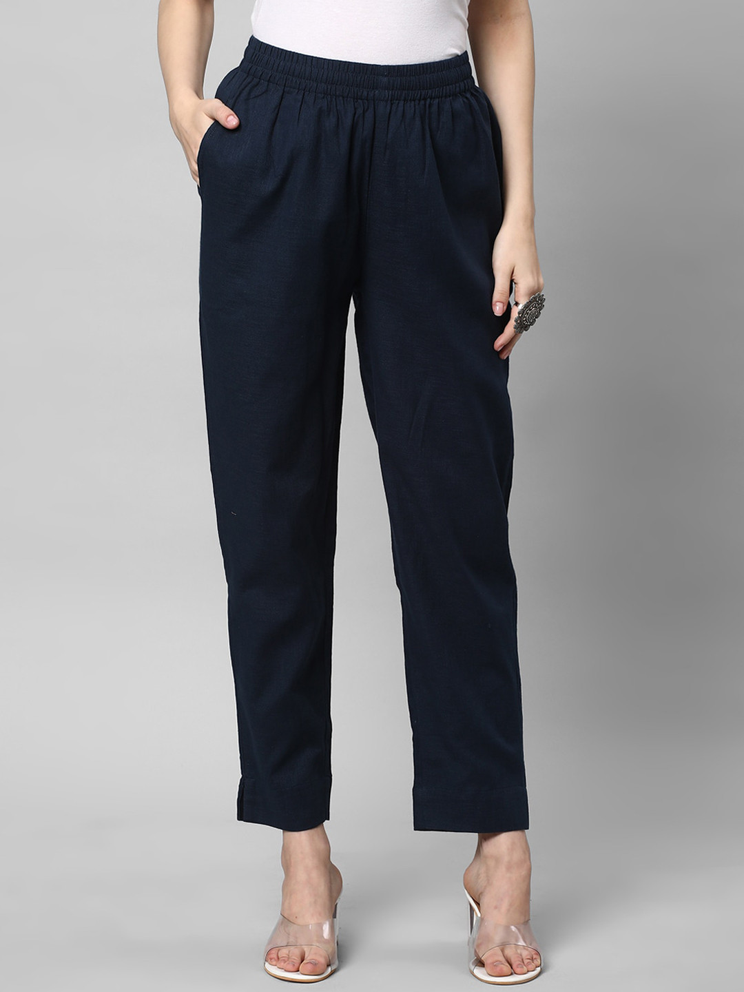 

KAMI KUBI Women Straight Fit Pure Cotton Trousers, Blue