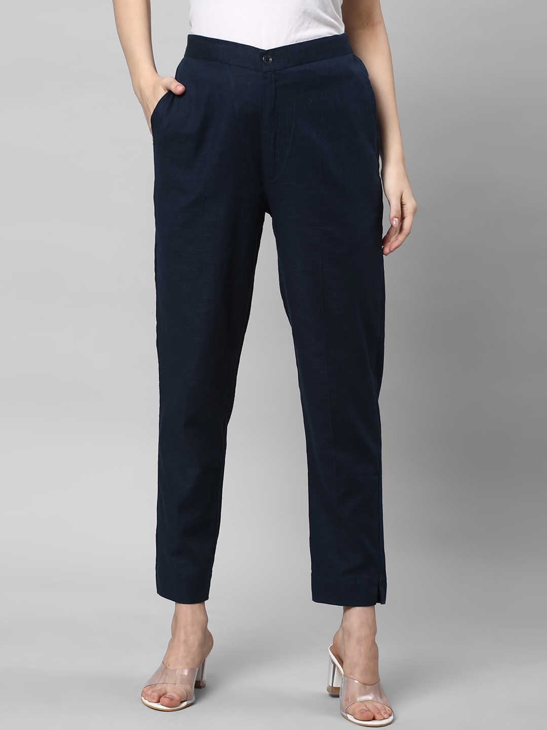 

KAMI KUBI Women Straight Fit Cotton Linen Trousers, Blue