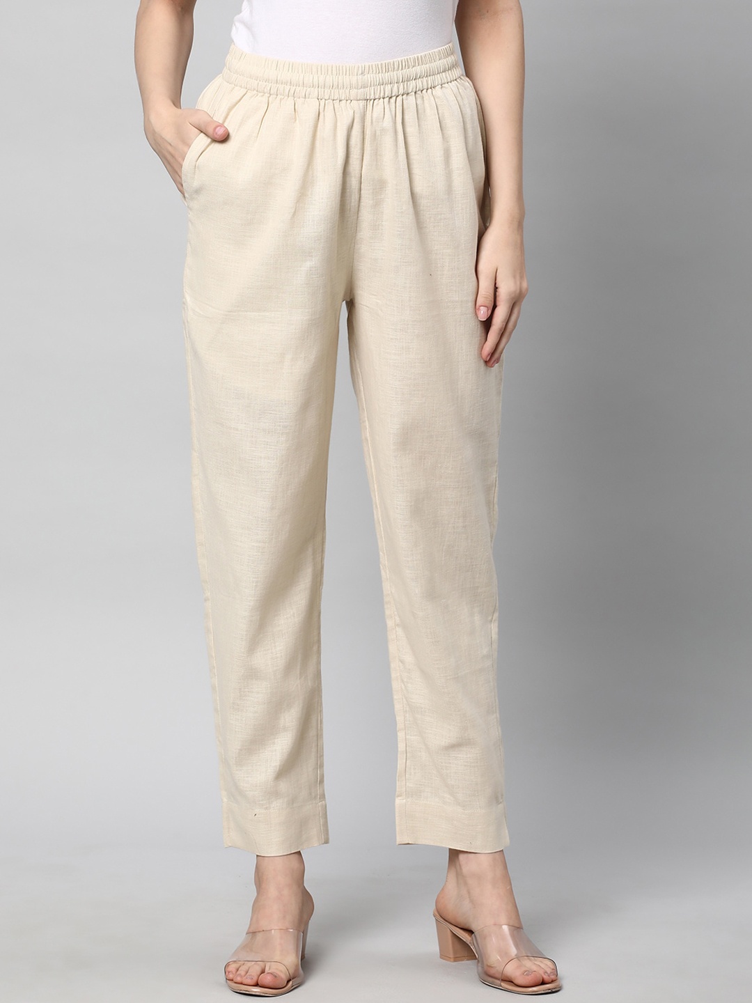 

KAMI KUBI Women Straight Fit Cotton Linen Trousers, Cream