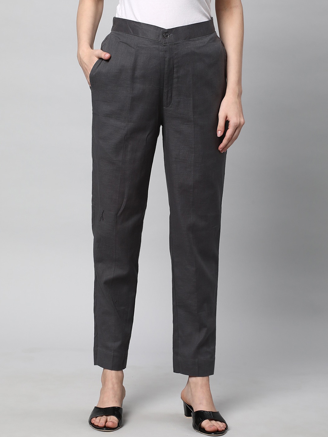 

KAMI KUBI Women Straight Fit Pure Cotton Trousers, Grey