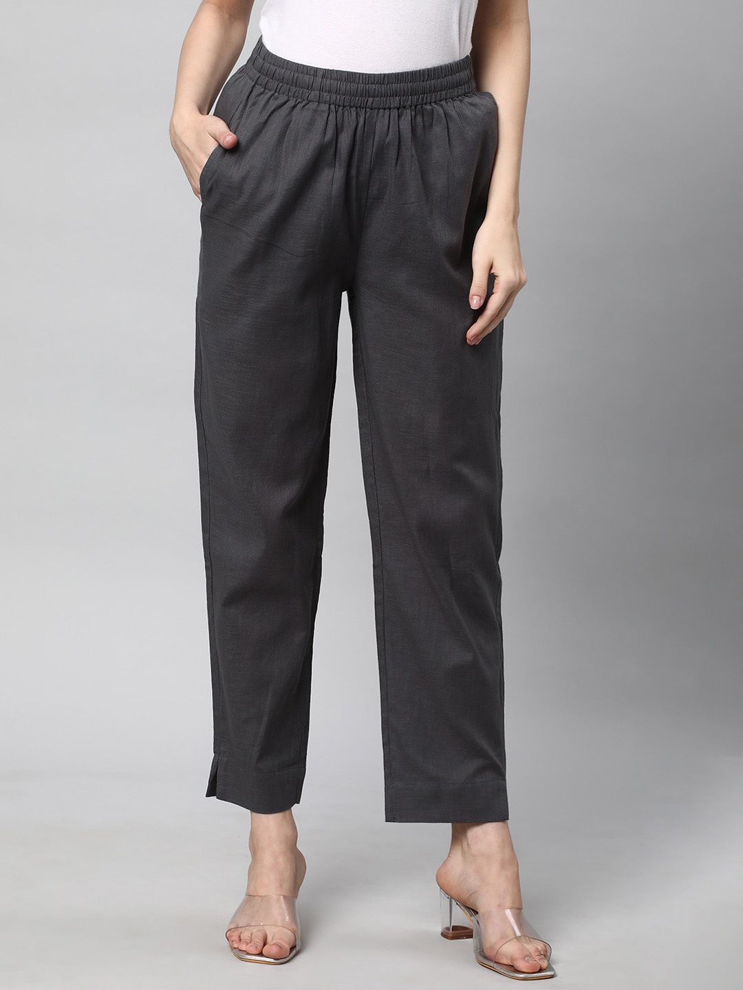 

KAMI KUBI Women Straight Fit Cotton Linen Ethnic Trousers, Grey
