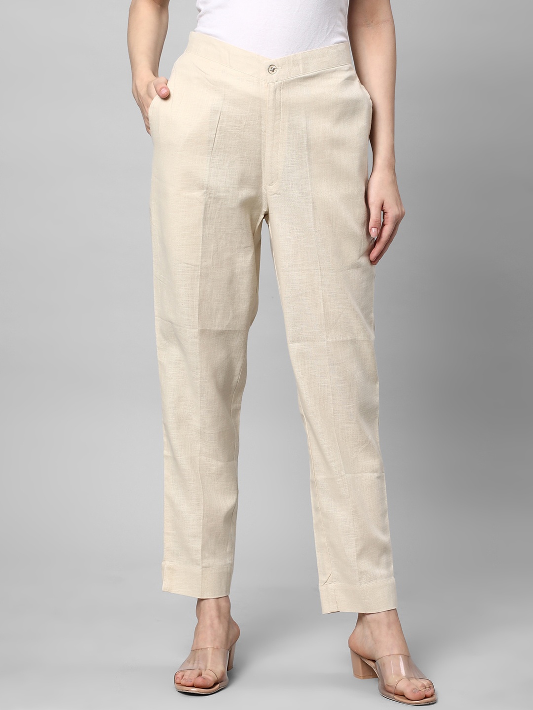 

KAMI KUBI Women Straight Fit Cotton Linen Trousers, Cream