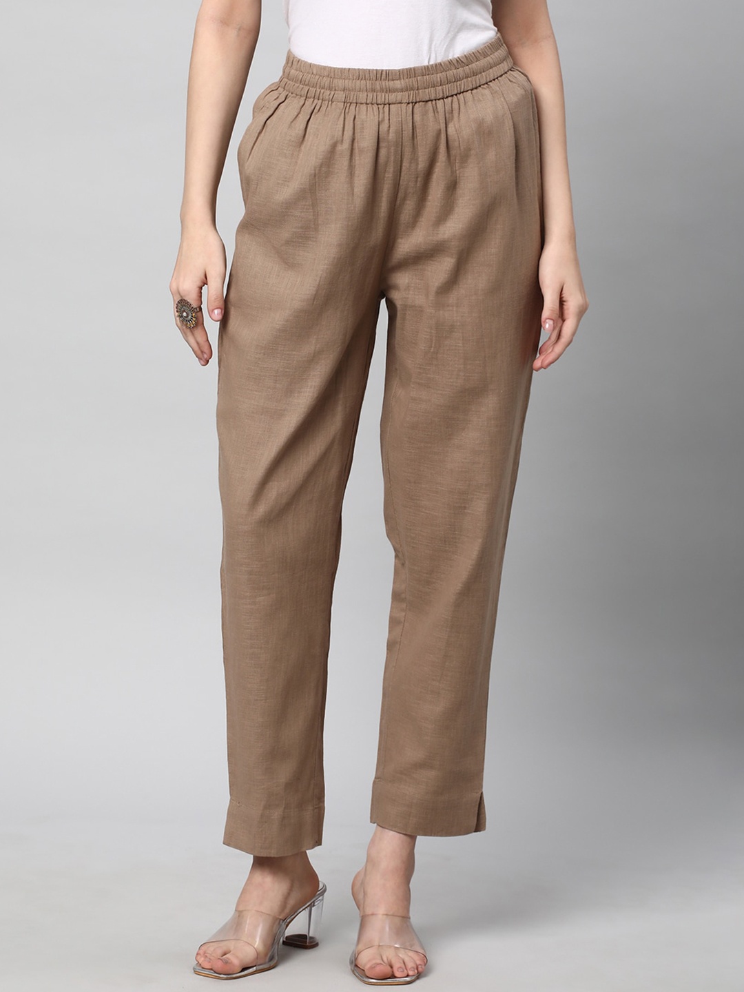 

KAMI KUBI Women Straight Fit Pleated Cotton Linen Ethnic Trousers, Brown