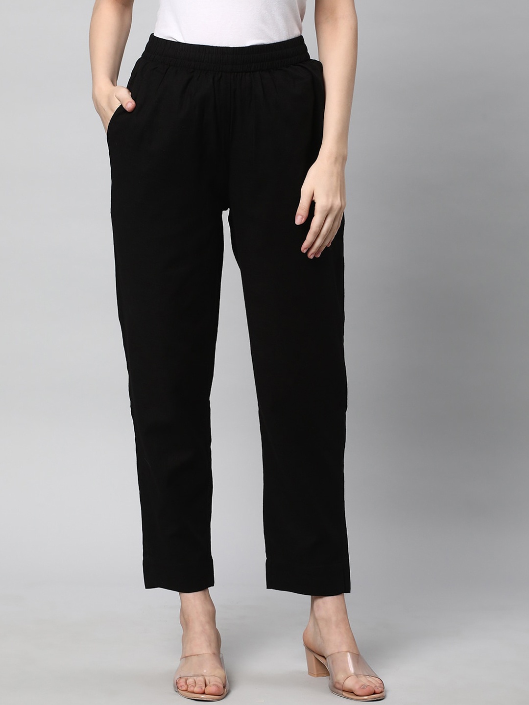 KAMI KUBI Women Straight Fit Cotton Linen Trousers, Black