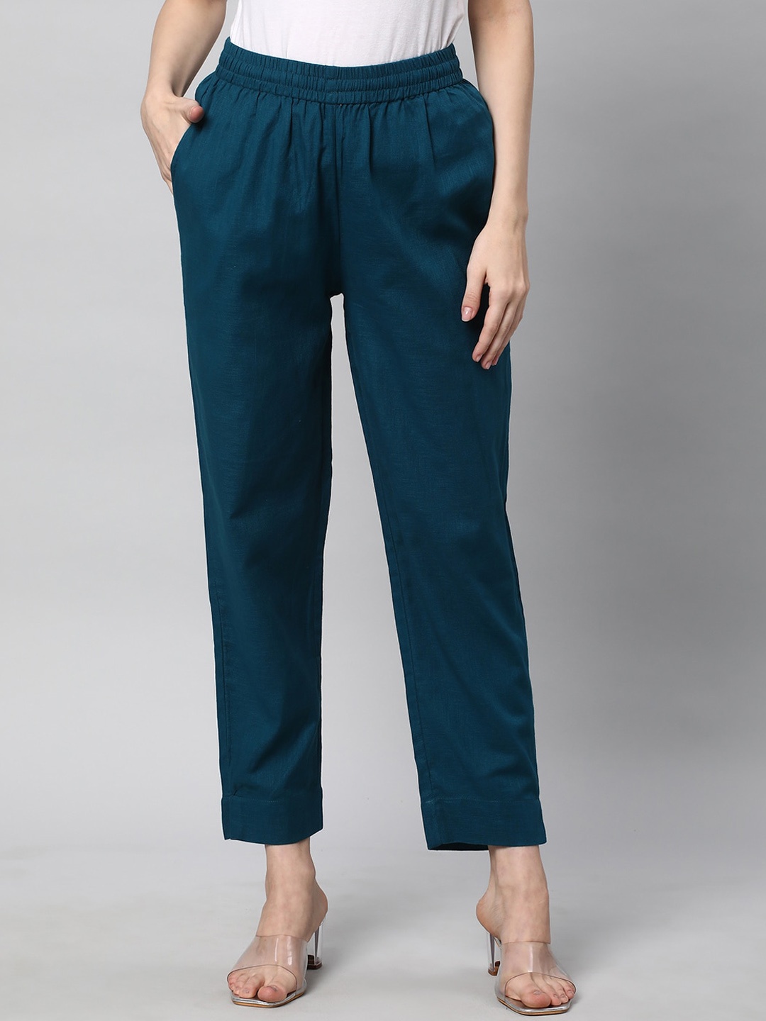 

KAMI KUBI Women Straight Fit Pure Cotton Trousers, Teal