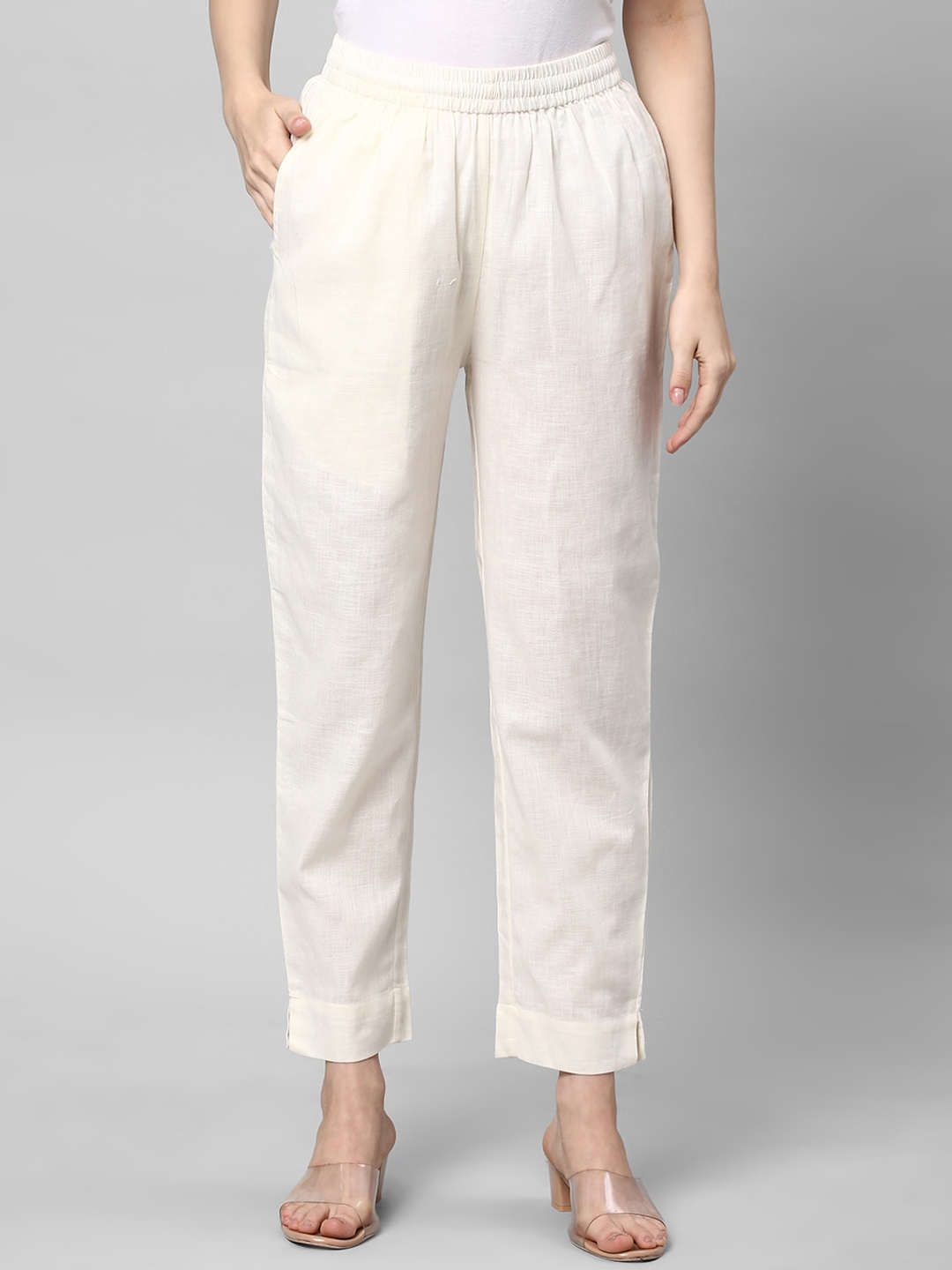 

KAMI KUBI Women Straight Fit Cotton Linen Ethnic Trousers, Off white